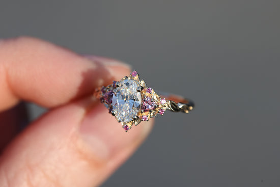 Briar rose three stone with 1.2ct oval lab diamond and pink sapphire accents