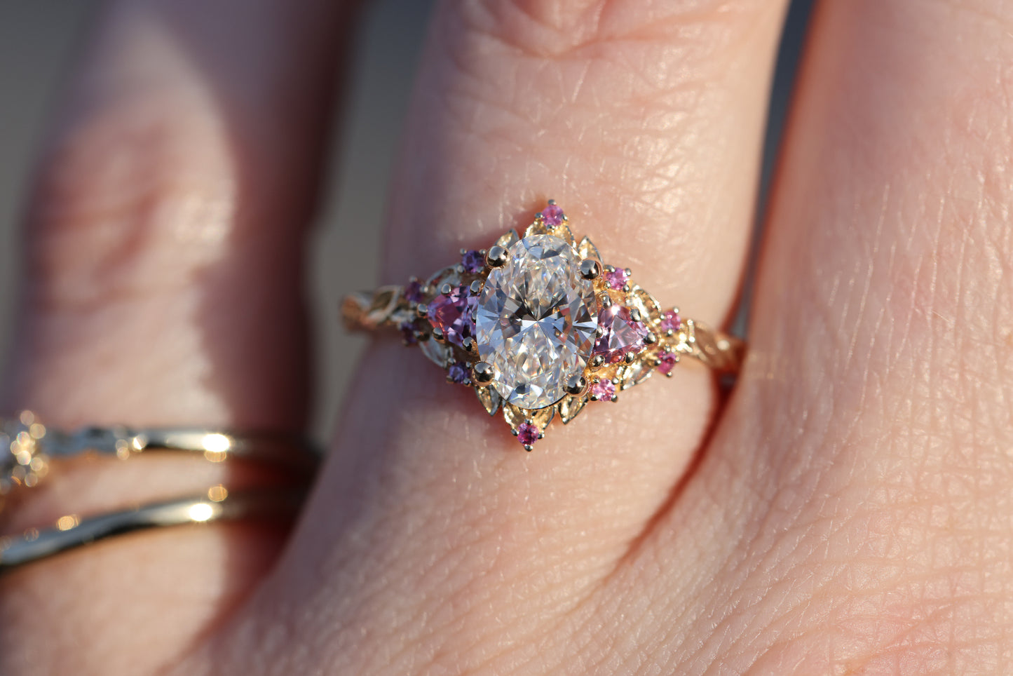 Briar rose three stone with 1.2ct oval lab diamond and pink sapphire accents