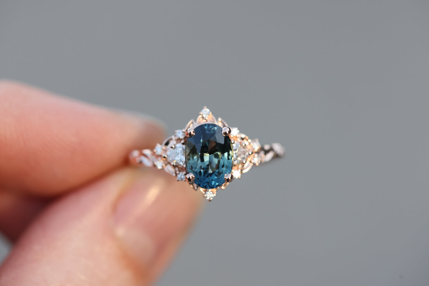 READY TO SHIP- Size 7 14k rose with blue green sapphire