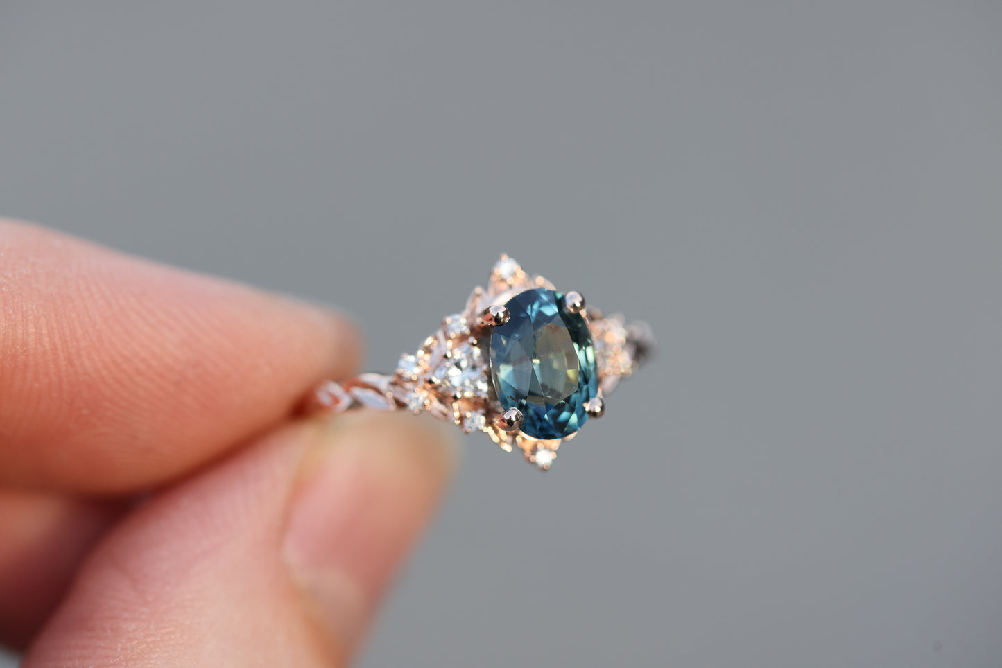 READY TO SHIP- Size 7 14k rose with blue green sapphire