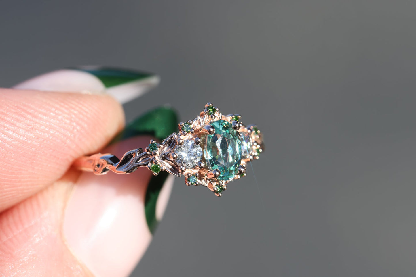 Briar rose three stone with oval lab green sapphire and salt and pepper diamonds