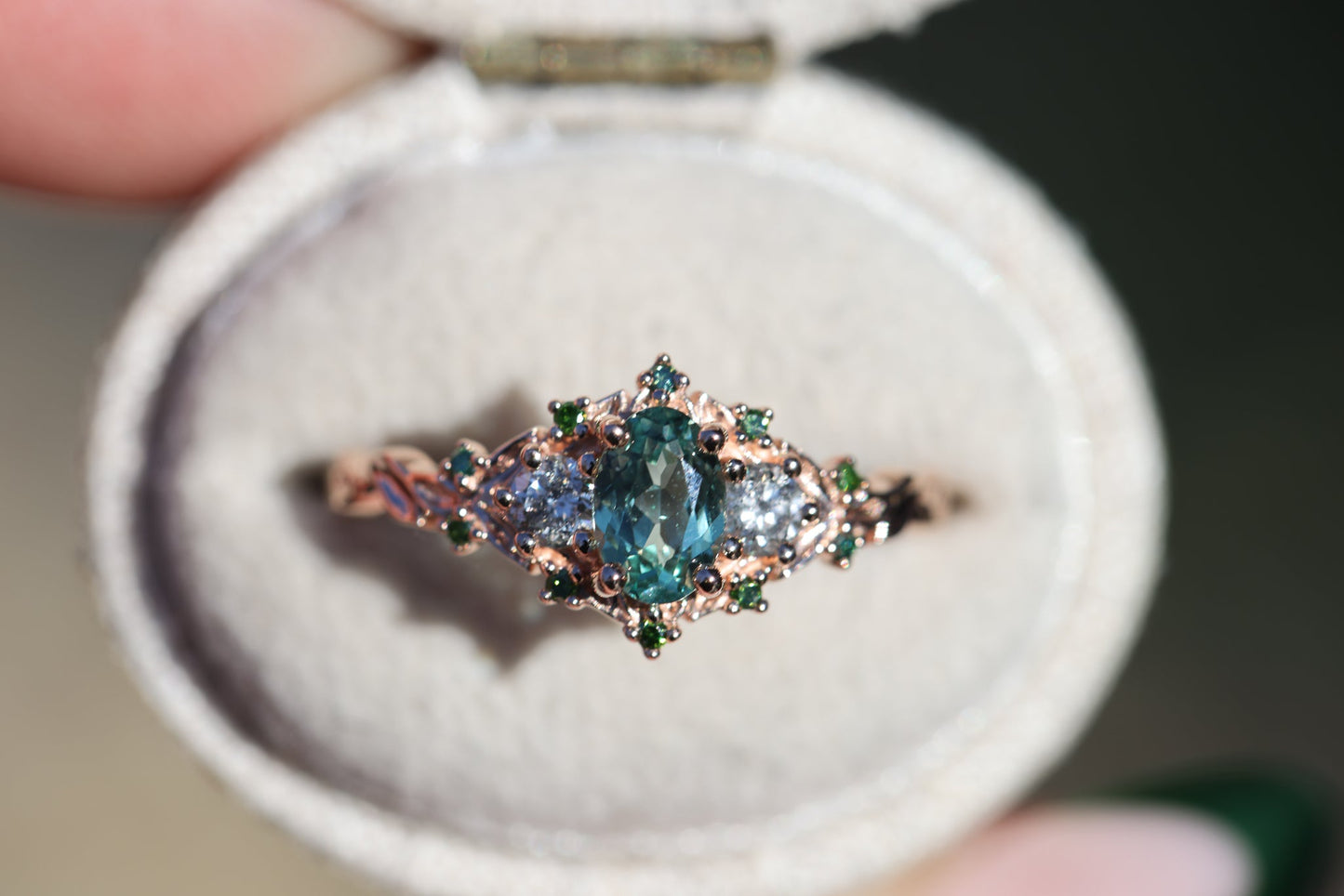 Briar rose three stone with oval lab green sapphire and salt and pepper diamonds