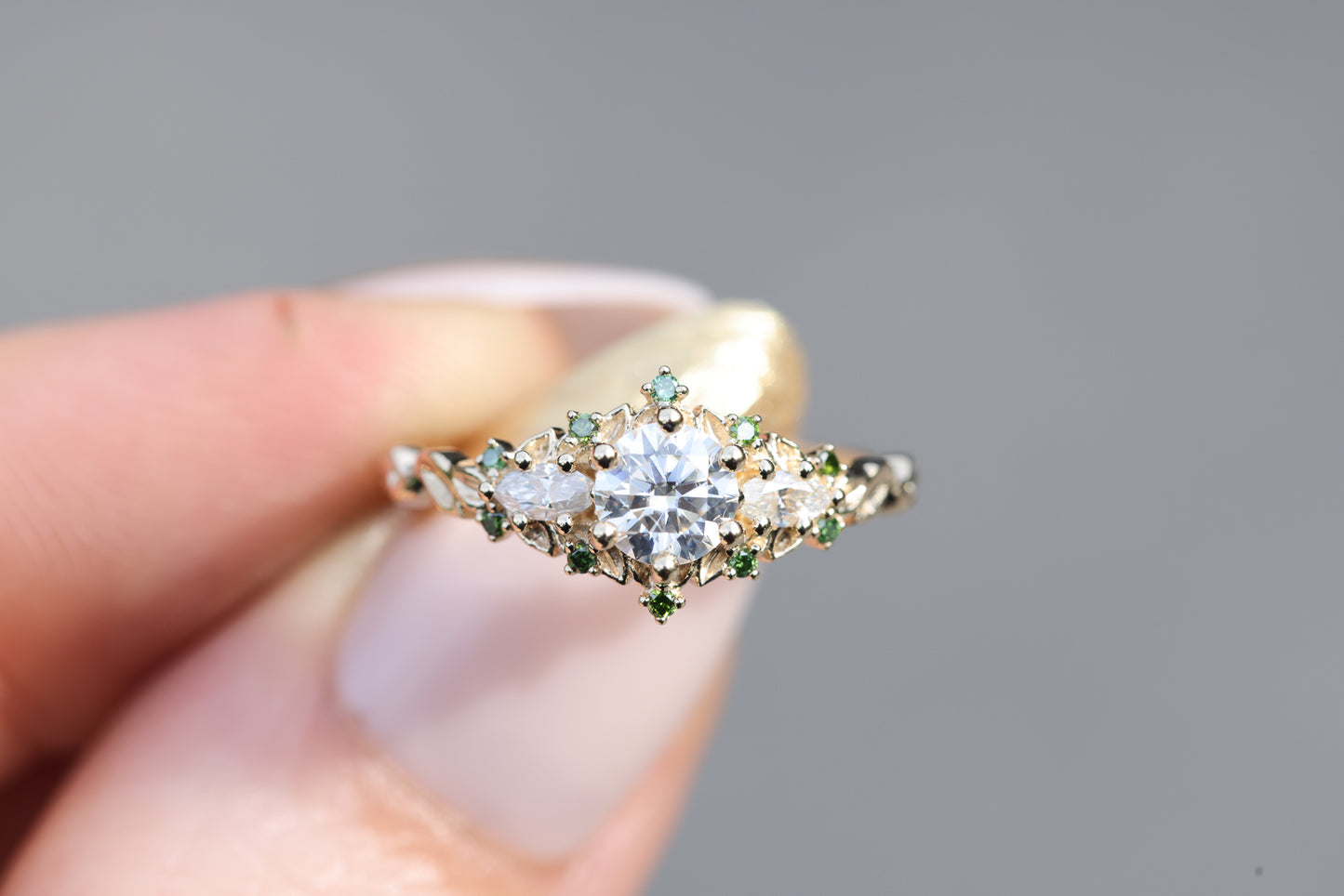 Briar rose three stone with round moissanite and dark green diamonds