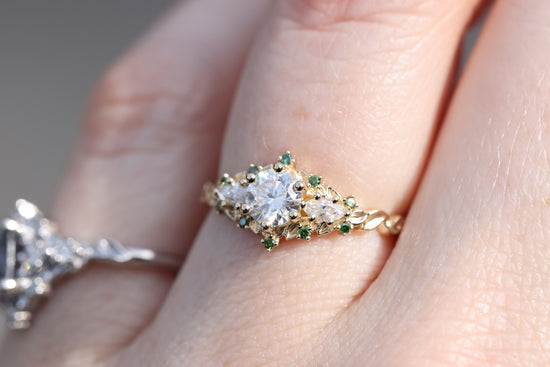 Briar rose three stone with round moissanite and dark green diamonds