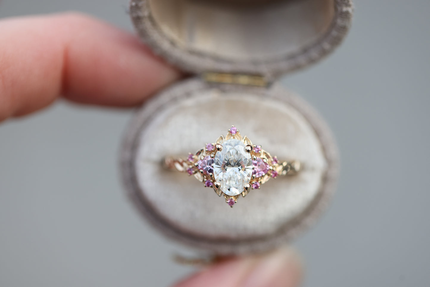 Briar rose three stone with 1.2ct oval lab diamond and pink sapphire accents