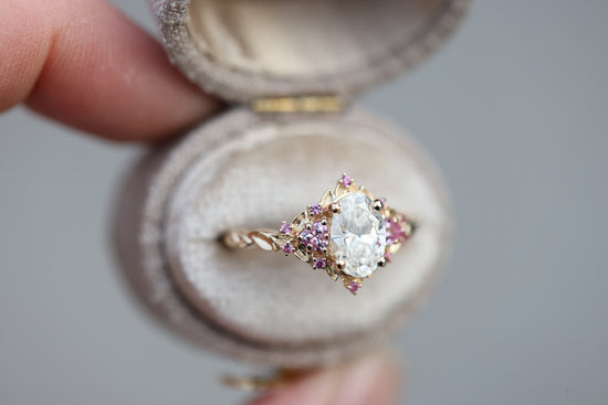 Briar rose three stone with 1.2ct oval lab diamond and pink sapphire accents