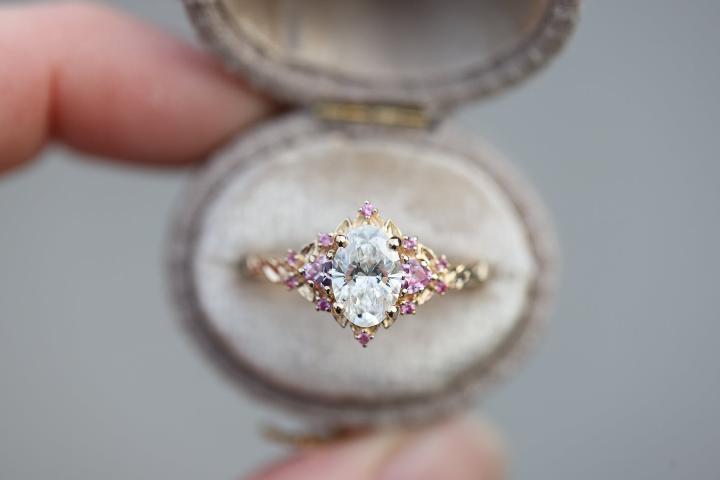 Briar rose three stone with 1.2ct oval lab diamond and pink sapphire accents