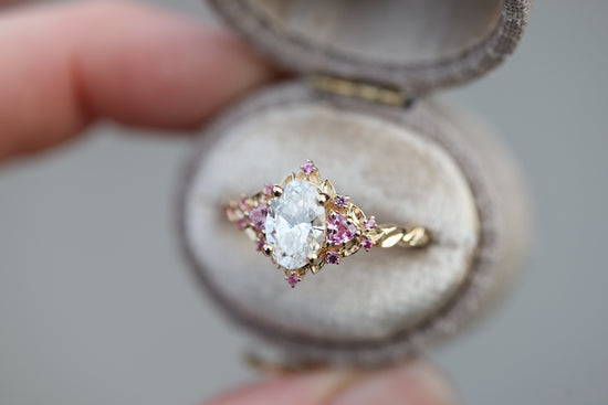 Briar rose three stone with 1.2ct oval lab diamond and pink sapphire accents