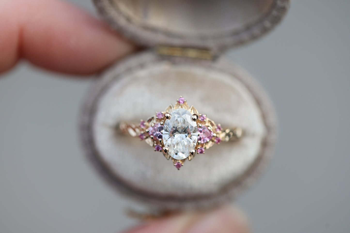 Briar rose three stone with 1.2ct oval lab diamond and pink sapphire accents