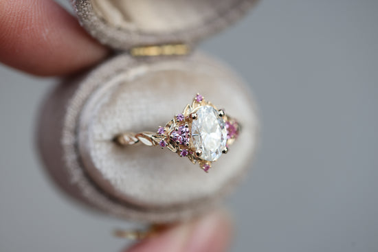 Briar rose three stone with 1.2ct oval lab diamond and pink sapphire accents