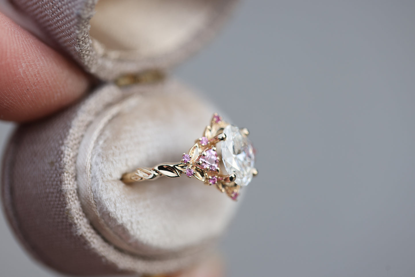 Briar rose three stone with 1.2ct oval lab diamond and pink sapphire accents