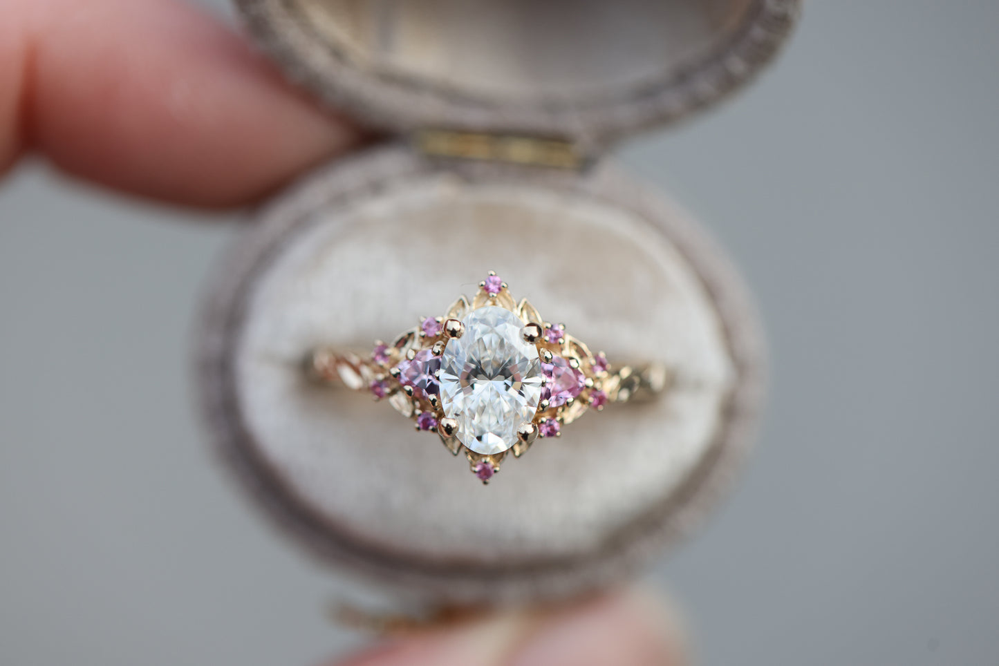 Briar rose three stone with 1.2ct oval lab diamond and pink sapphire accents