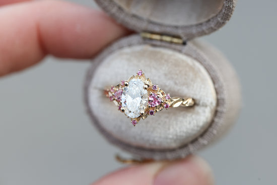 Briar rose three stone with 1.2ct oval lab diamond and pink sapphire accents