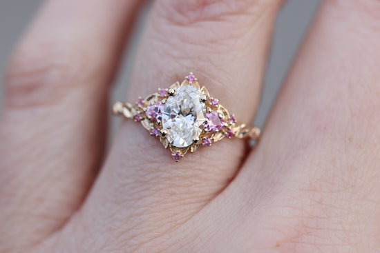 Briar rose three stone with 1.2ct oval lab diamond and pink sapphire accents