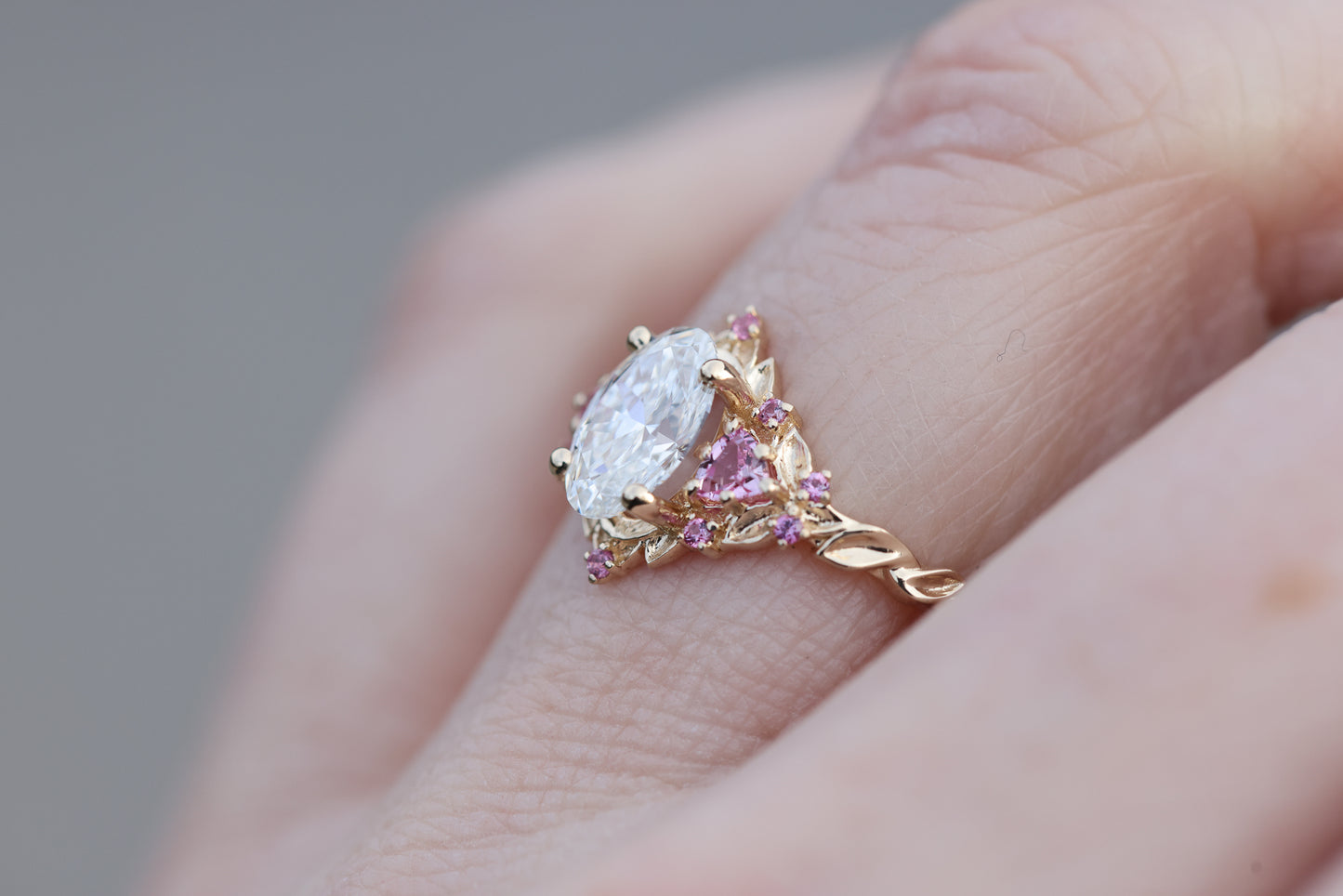 Briar rose three stone with 1.2ct oval lab diamond and pink sapphire accents