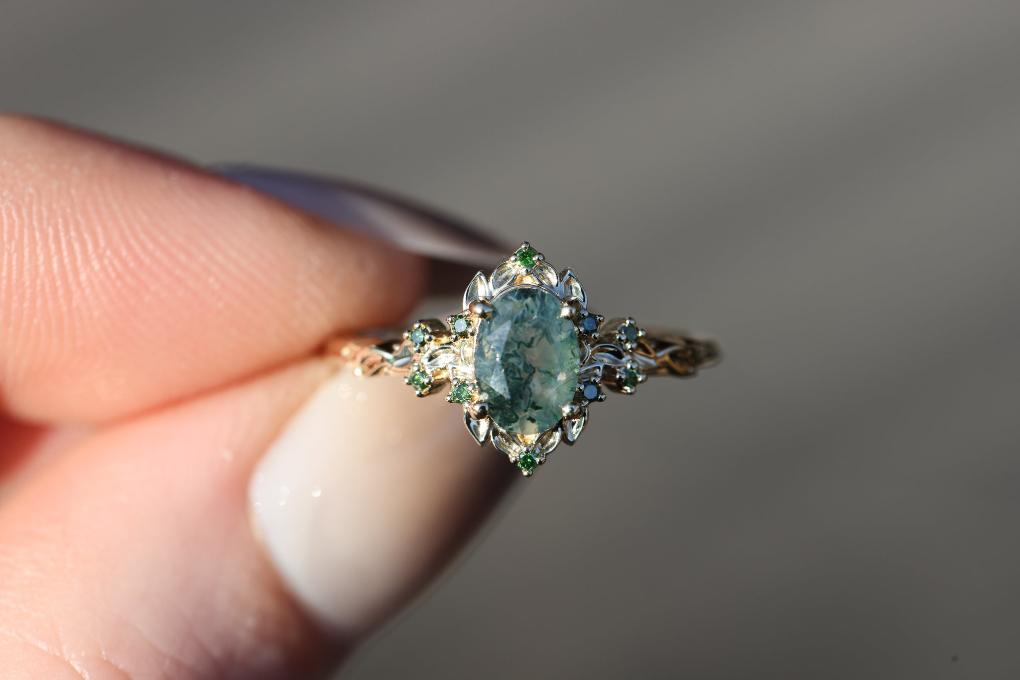 Briar Rose Halo with 7x5mm moss agate – Oore Jewelry