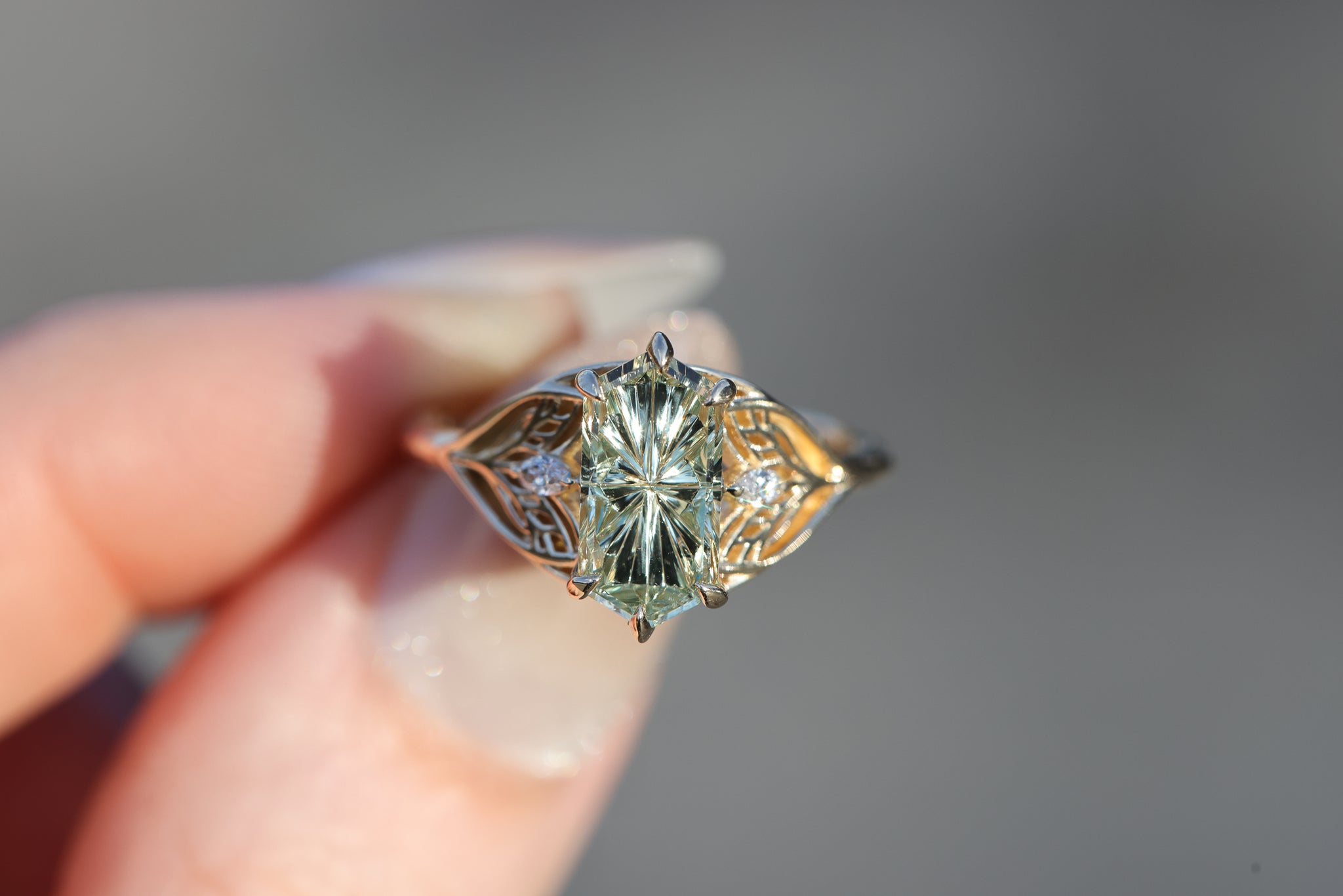 Ready to ship- Elvindell three stone with 2.56ct elongated hexagon