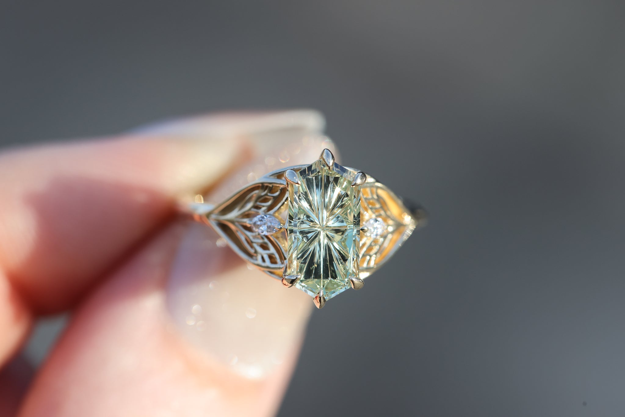 Ready to ship- Elvindell three stone with 2.56ct elongated hexagon