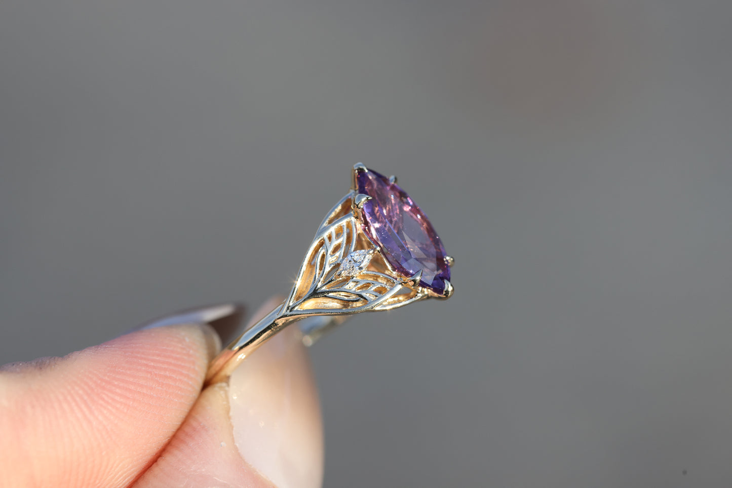 Ready to ship, Size 7 14k yellow Elvindell three stone with marquise purple sapphire