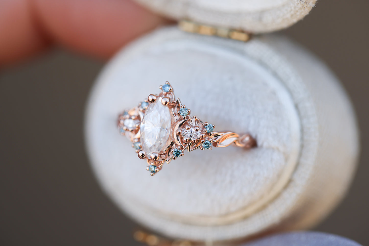 Load image into Gallery viewer, Briar moon with marquise moissanite center and aqua diamond accents
