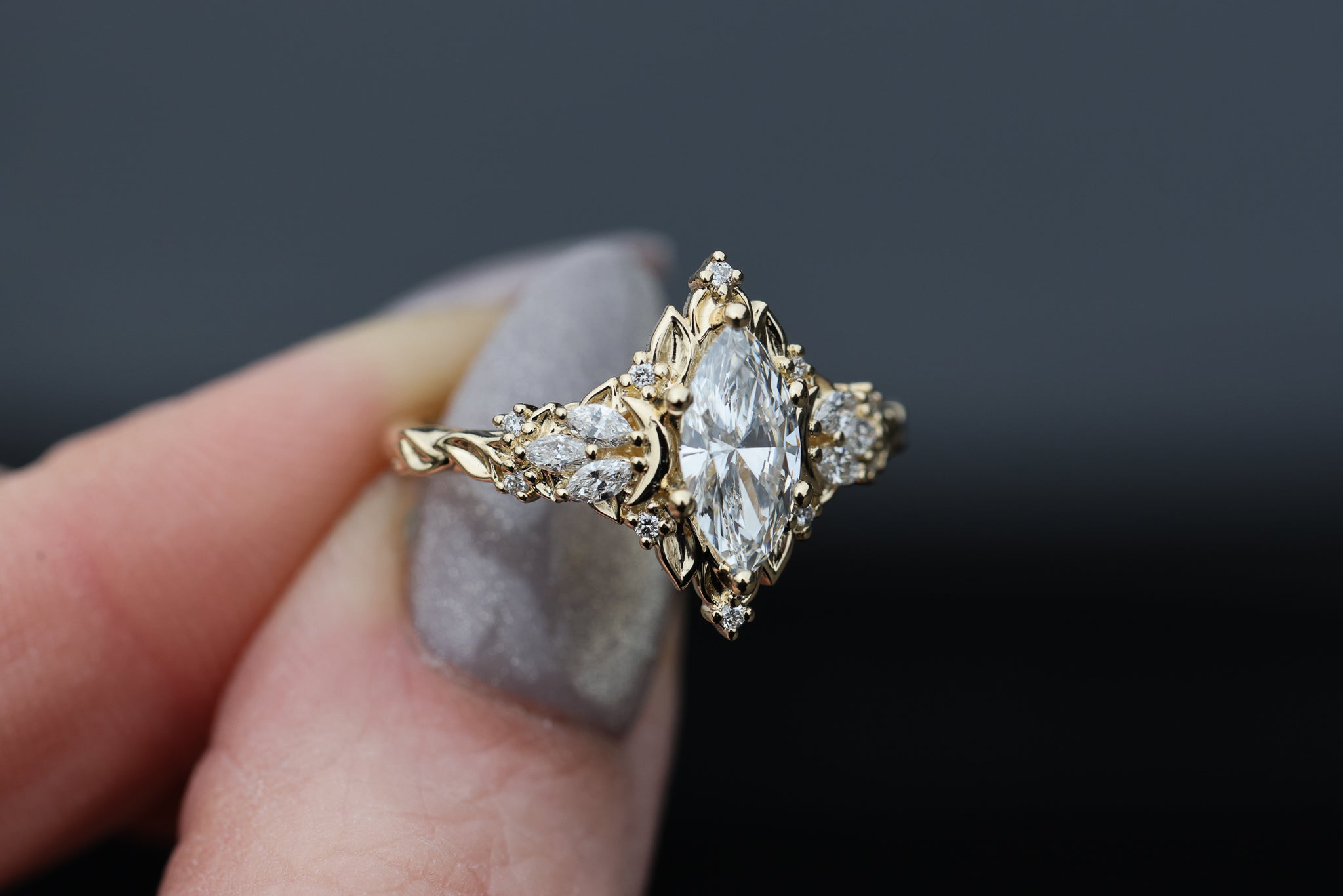 Briar Rose Moonlight with 10x5mm marquise lab diamond – Oore Jewelry