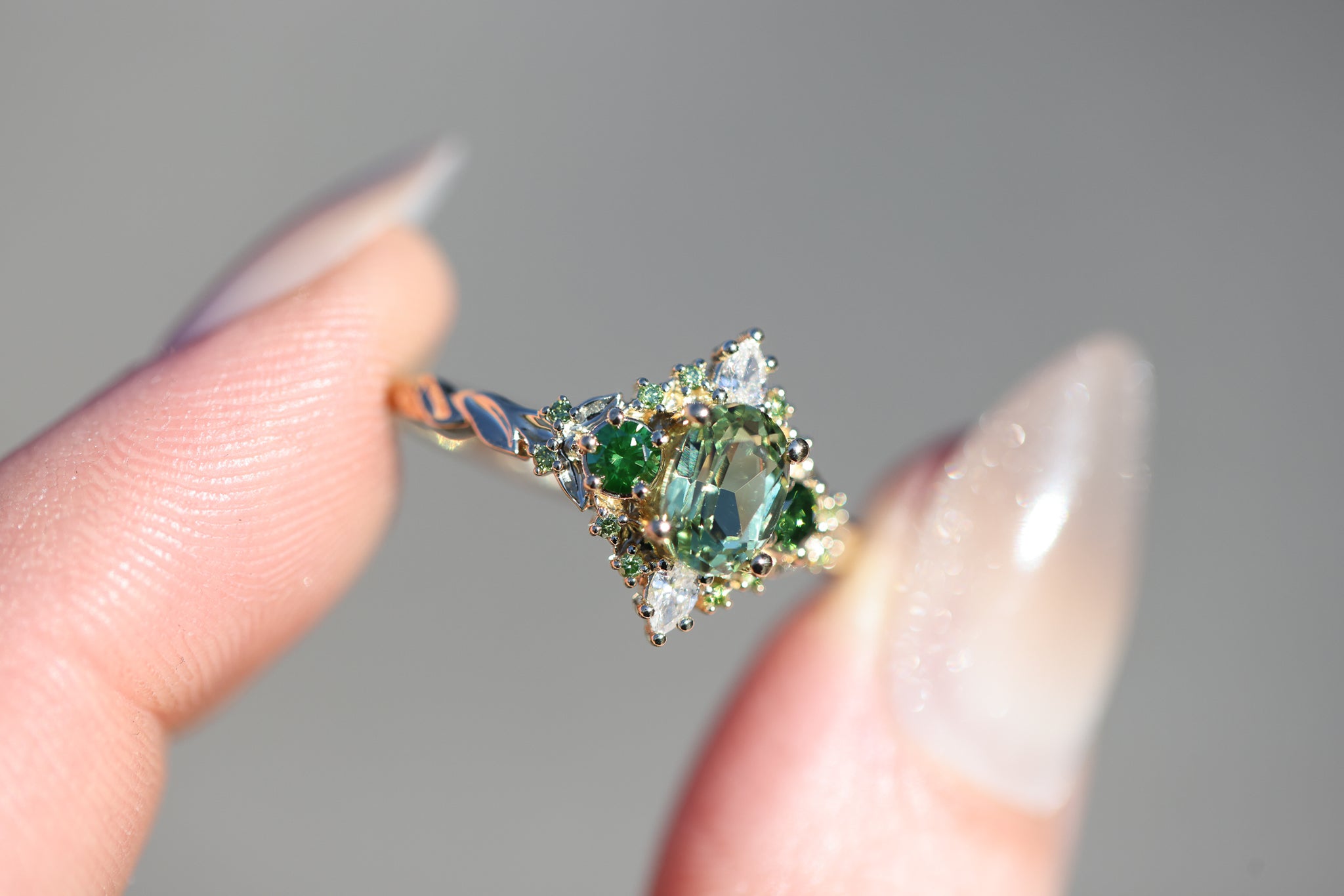Enchanted Briar with lab green sapphire and green diamonds – Oore