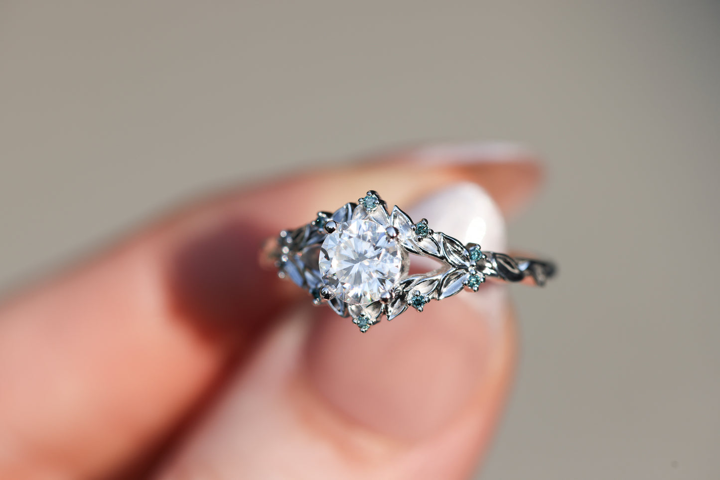 Briar Rose Solitaire with 6mm Round Moissanite and Teal Blue Diamonds