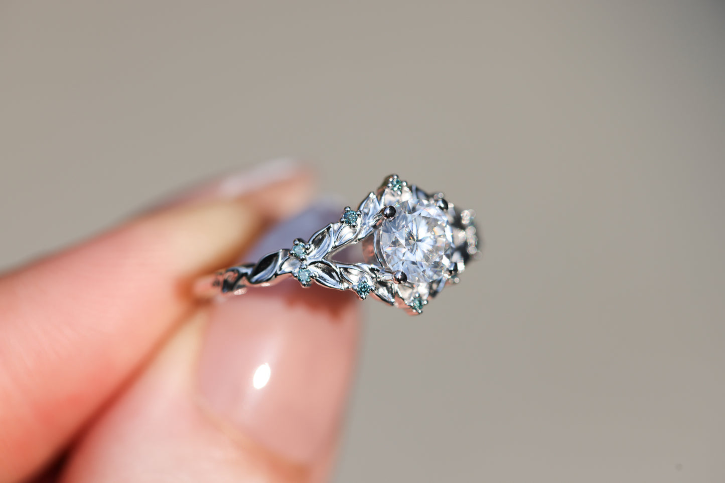 Briar Rose Solitaire with 6mm Round Moissanite and Teal Blue Diamonds