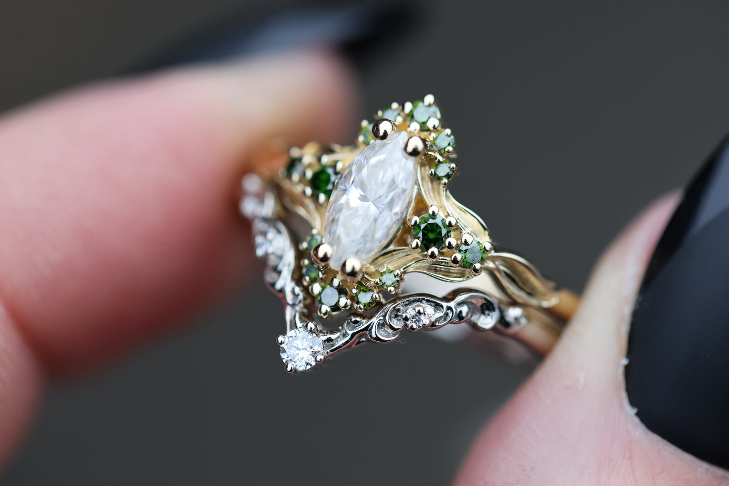 Astraea half halo with marquise moissanite and dark green irradiated diamonds