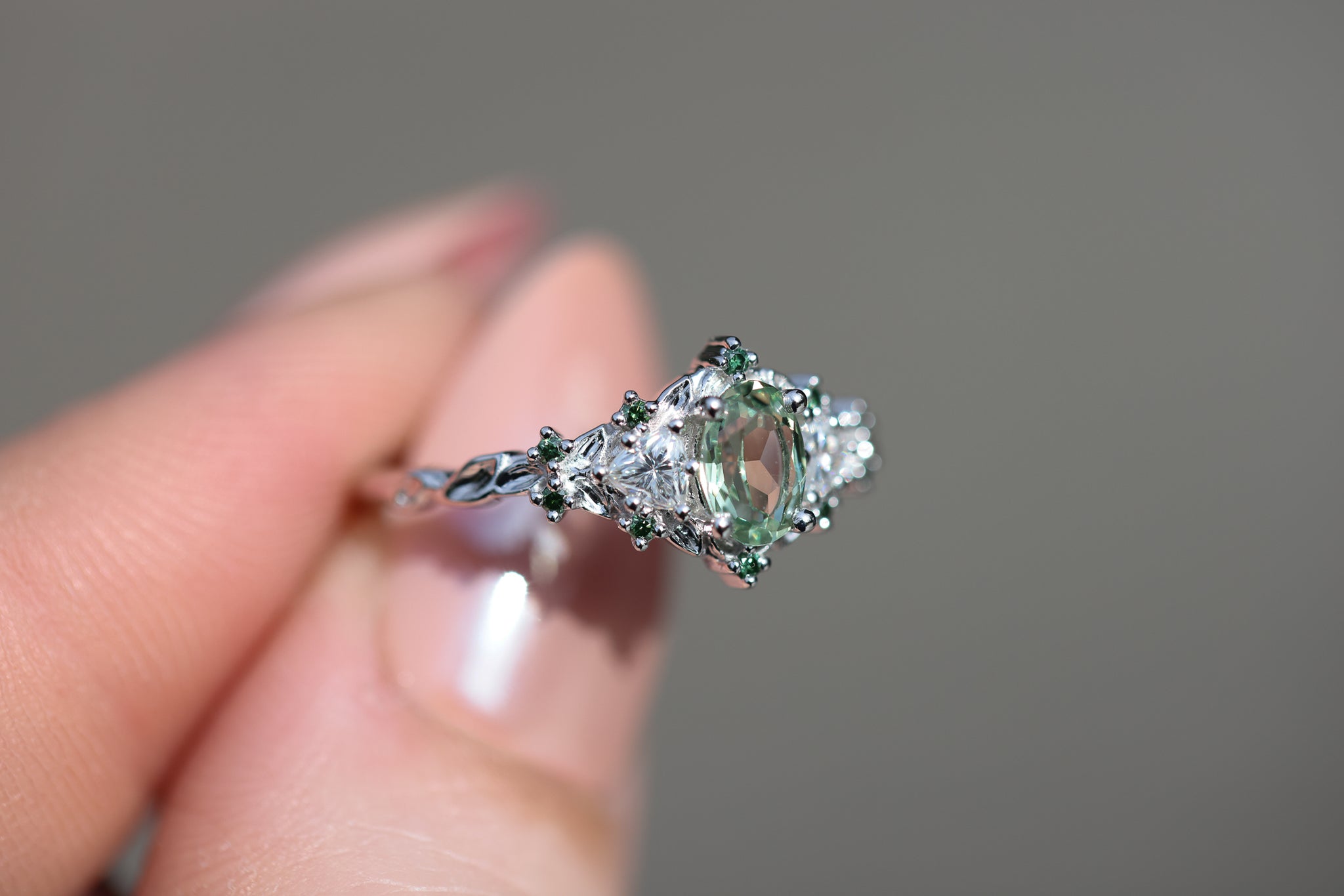 Briar Rose Three Stone with oval lab green sapphire and green