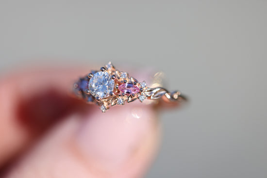 Load image into Gallery viewer, Briar rose three stone with round moissanite and natural pink sapphire
