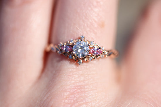 Load image into Gallery viewer, Briar rose three stone with round moissanite and natural pink sapphire
