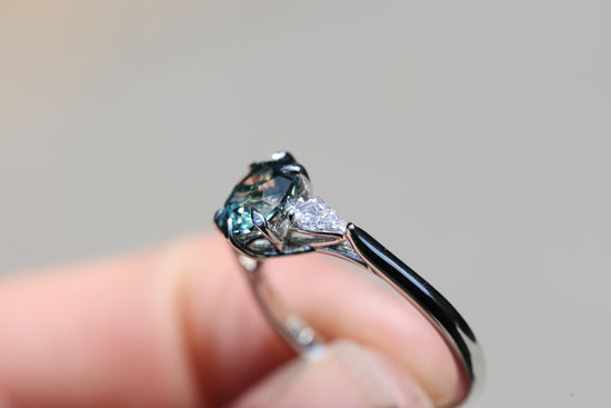 Ready to ship, size 7 Platinum, Artemis setting with Earth Treasury sapphire