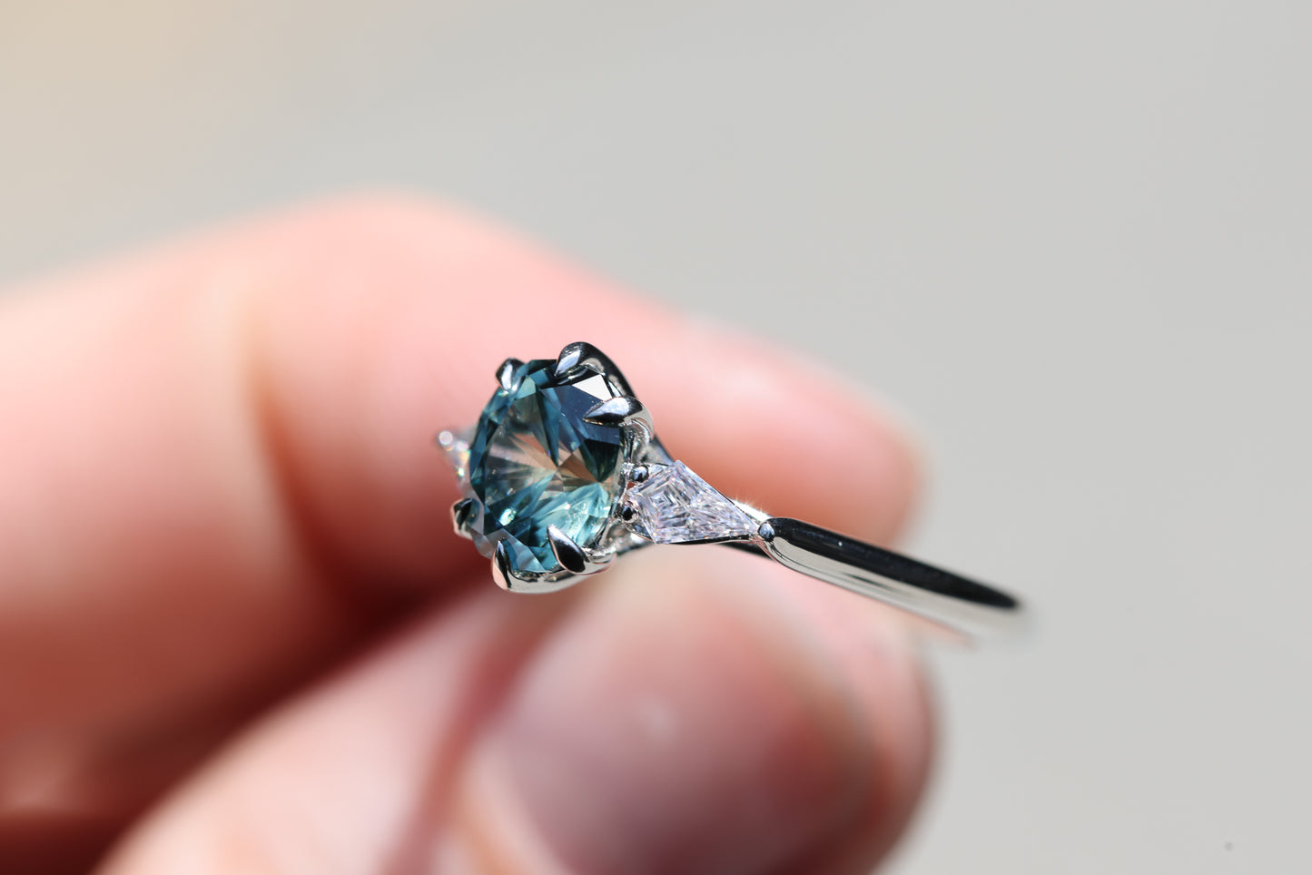 Ready to ship, size 7 Platinum, Artemis setting with Earth Treasury sapphire