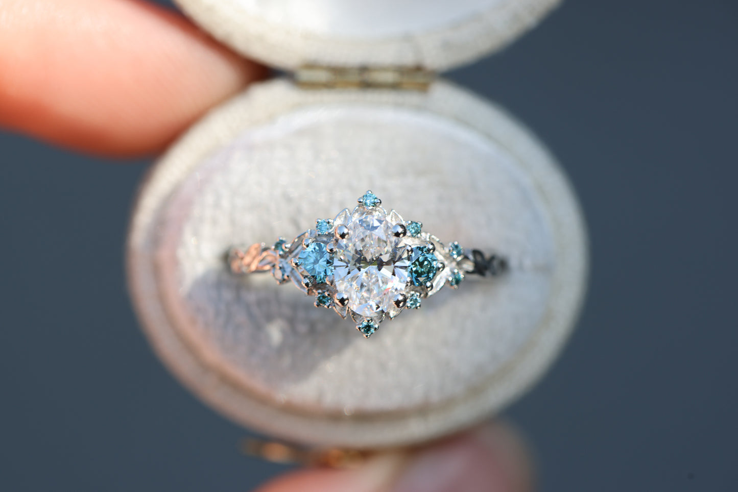 Briar Rose Three Stone with .7ct Oval Lab Diamond and Aqua Diamond