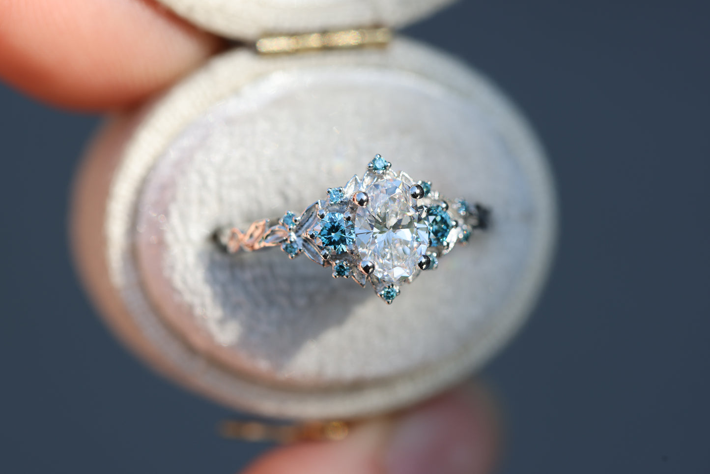 Briar Rose Three Stone with .7ct Oval Lab Diamond and Aqua Diamond