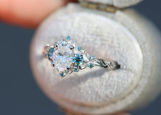 Briar Rose Three Stone with .7ct Oval Lab Diamond and Aqua Diamond