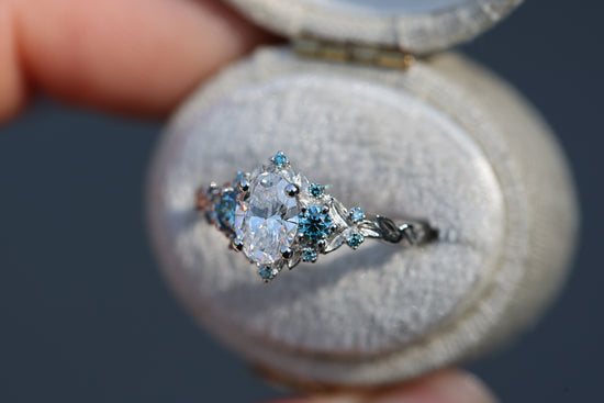 Briar Rose Three Stone with .7ct Oval Lab Diamond and Aqua Diamond