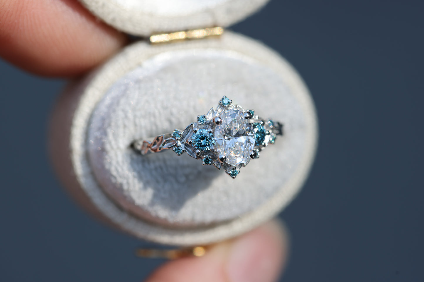 Briar Rose Three Stone with .7ct Oval Lab Diamond and Aqua Diamond