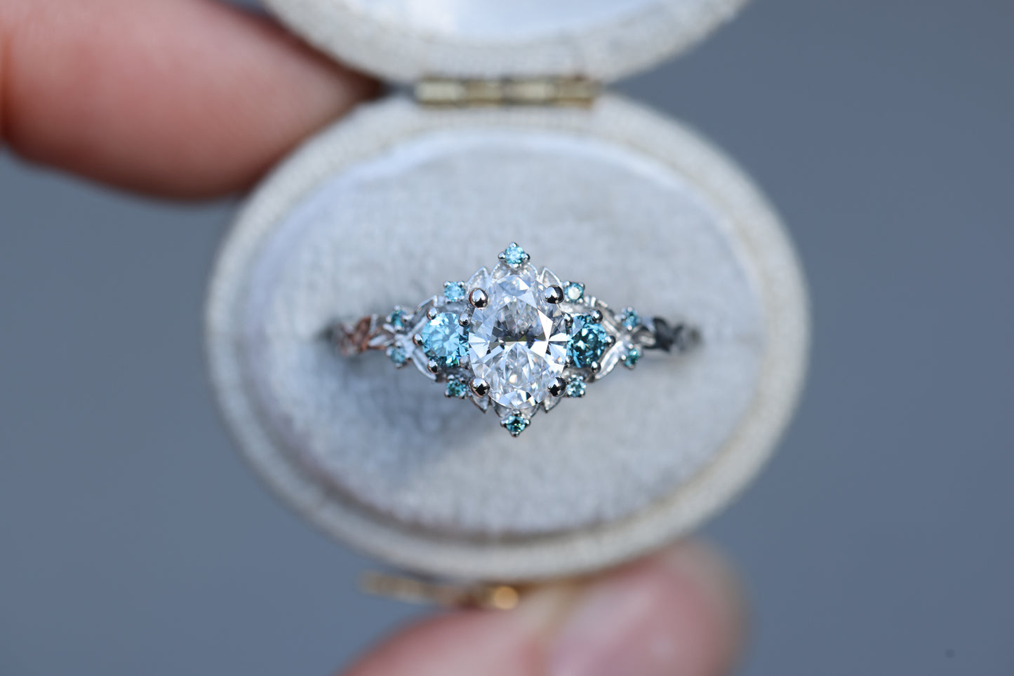 Briar Rose Three Stone with .7ct Oval Lab Diamond and Aqua Diamond