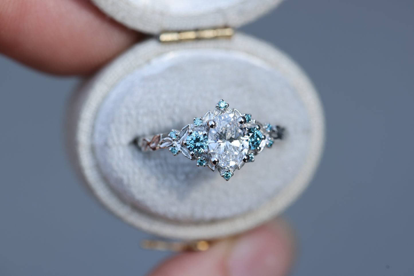 Briar Rose Three Stone with .7ct Oval Lab Diamond and Aqua Diamond