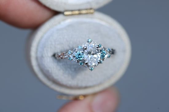 Briar Rose Three Stone with .7ct Oval Lab Diamond and Aqua Diamond