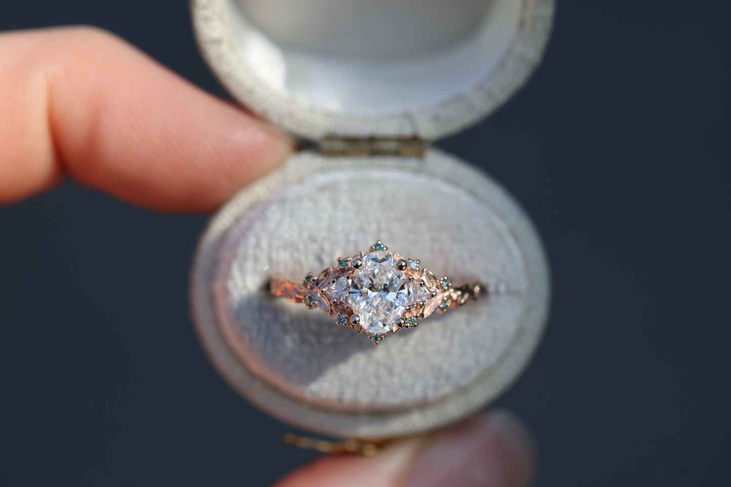 Briar Rose Three Stone with .7ct Oval Lab Diamond and Mint Diamond Accents