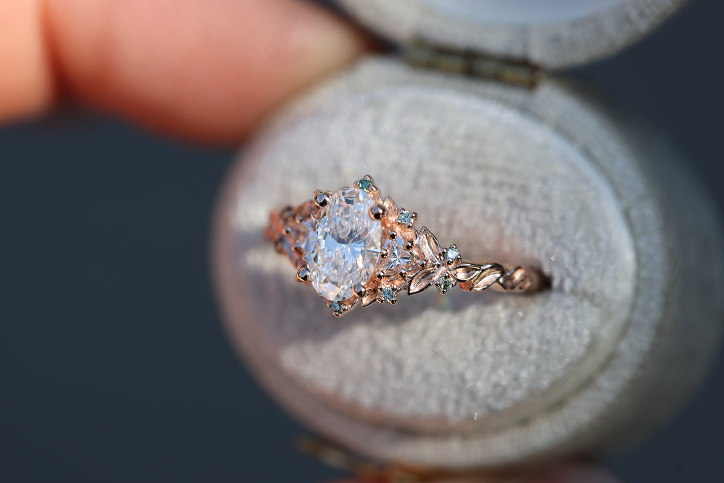 Briar Rose Three Stone with .7ct Oval Lab Diamond and Mint Diamond Accents