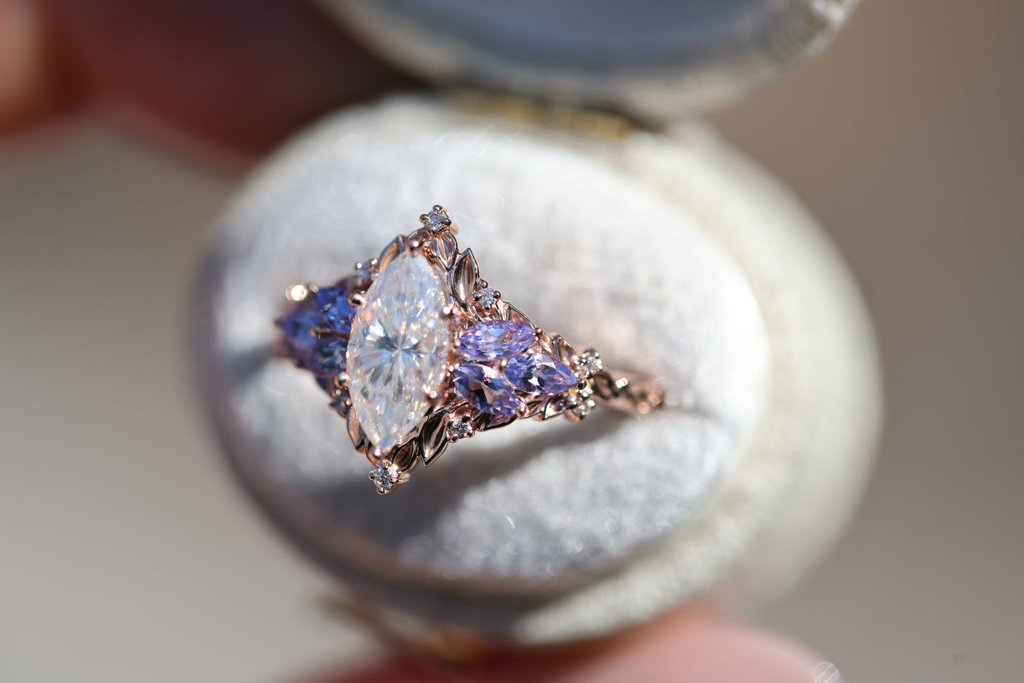 Briar Starlight with 10x5mm Marquise Moissanite and Tanzanite