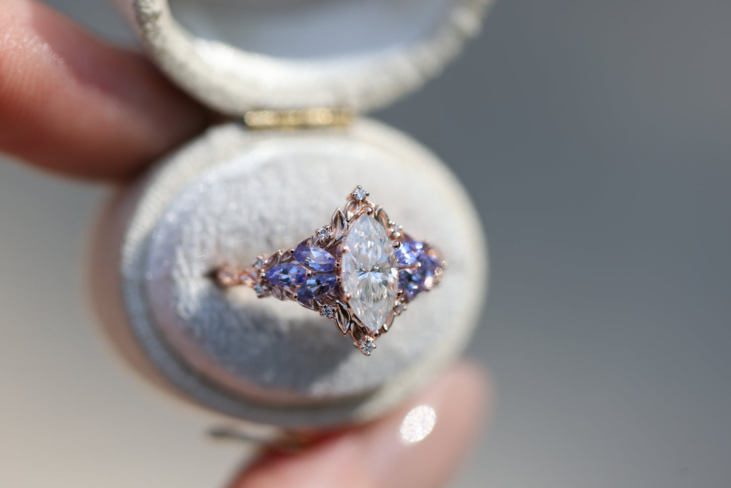 Briar Starlight with 10x5mm Marquise Moissanite and Tanzanite