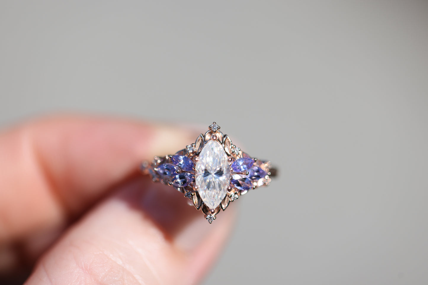 Briar Starlight with 10x5mm Marquise Moissanite and Tanzanite