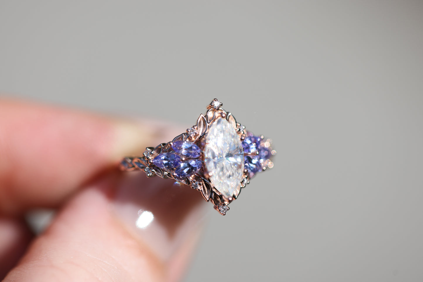 Briar Starlight with 10x5mm Marquise Moissanite and Tanzanite