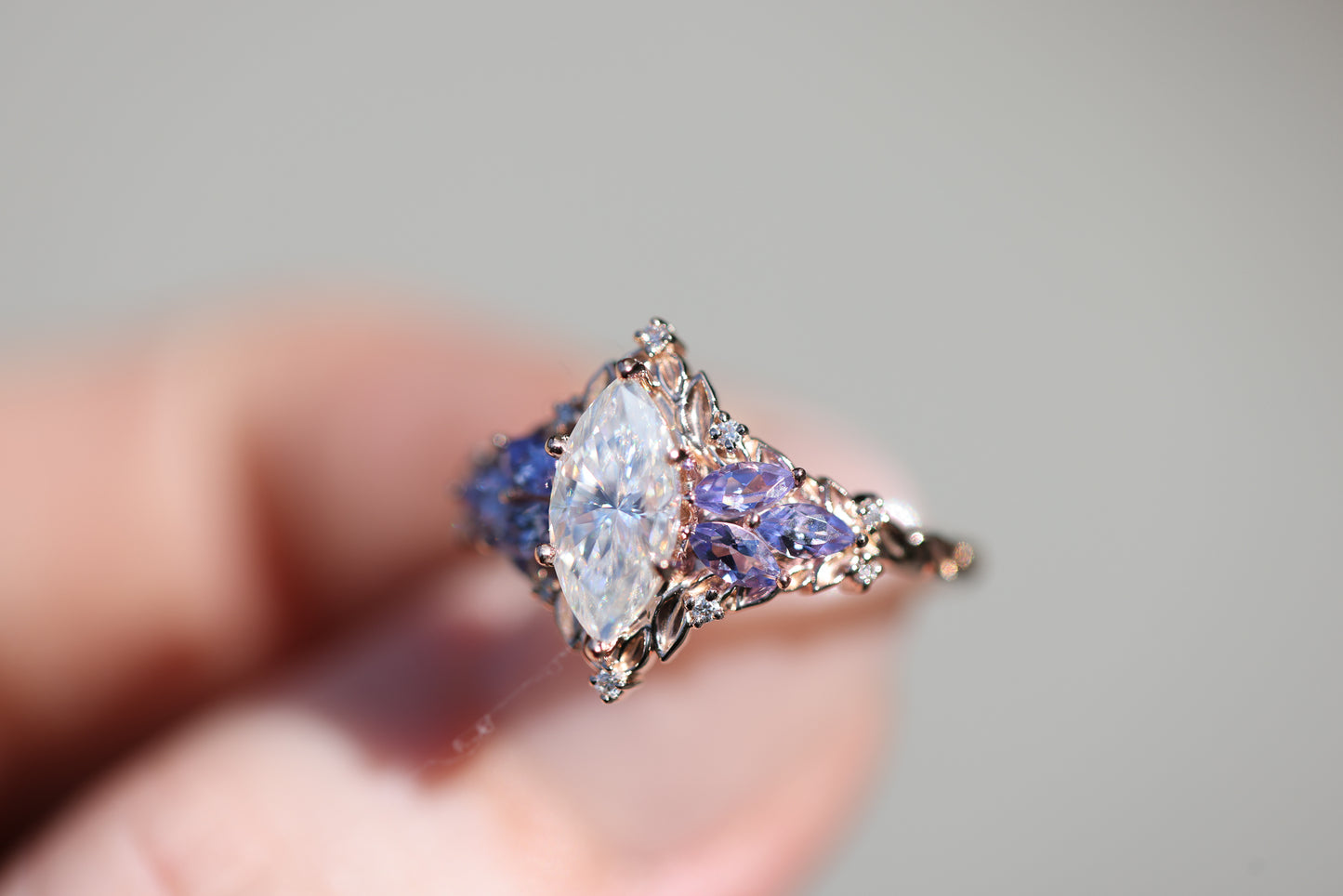 Briar Starlight with 10x5mm Marquise Moissanite and Tanzanite