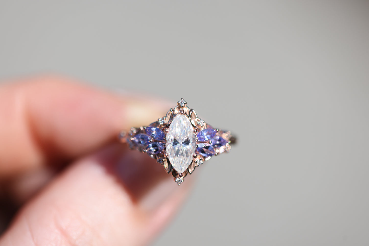 Briar Starlight with 10x5mm Marquise Moissanite and Tanzanite